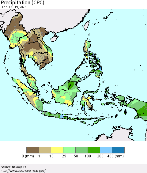 South East Asia Precipitation (CPC) Thematic Map For 2/13/2023 - 2/19/2023