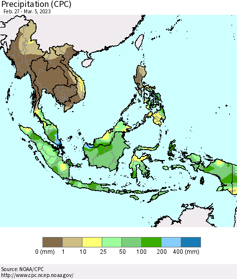South East Asia Precipitation (CPC) Thematic Map For 2/27/2023 - 3/5/2023