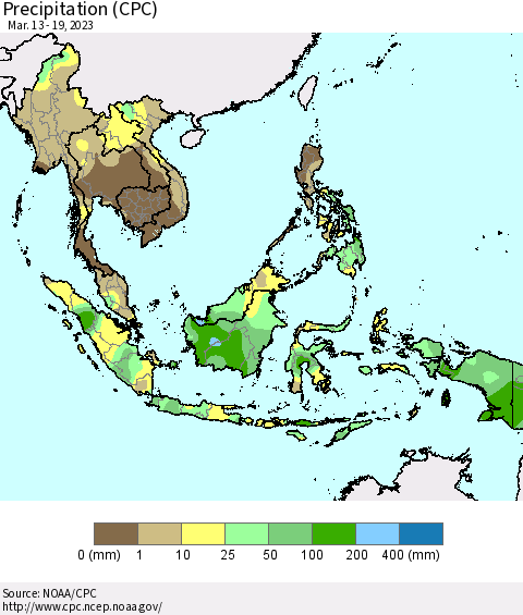 South East Asia Precipitation (CPC) Thematic Map For 3/13/2023 - 3/19/2023