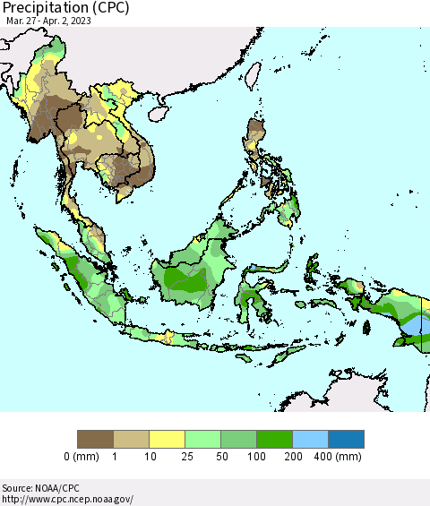 South East Asia Precipitation (CPC) Thematic Map For 3/27/2023 - 4/2/2023