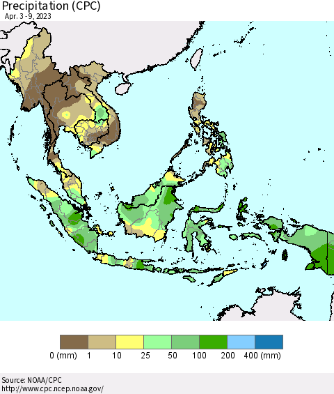 South East Asia Precipitation (CPC) Thematic Map For 4/3/2023 - 4/9/2023