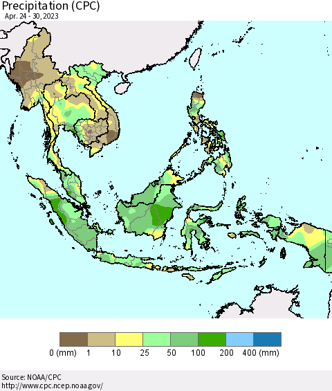 South East Asia Precipitation (CPC) Thematic Map For 4/24/2023 - 4/30/2023