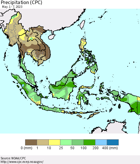 South East Asia Precipitation (CPC) Thematic Map For 5/1/2023 - 5/7/2023
