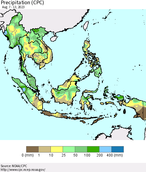 South East Asia Precipitation (CPC) Thematic Map For 8/7/2023 - 8/13/2023
