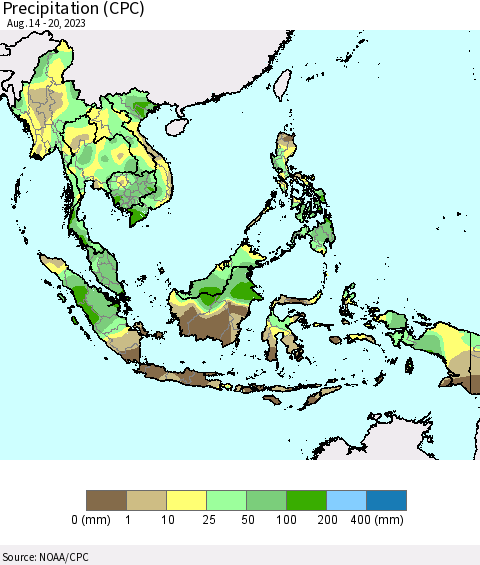 South East Asia Precipitation (CPC) Thematic Map For 8/14/2023 - 8/20/2023