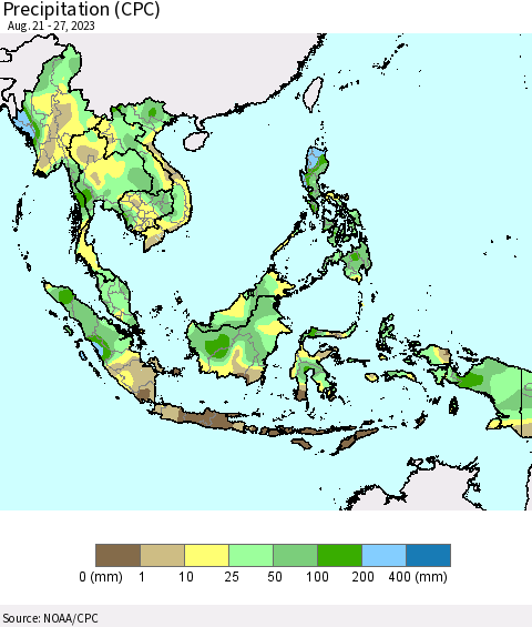 South East Asia Precipitation (CPC) Thematic Map For 8/21/2023 - 8/27/2023