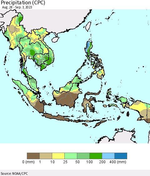 South East Asia Precipitation (CPC) Thematic Map For 8/28/2023 - 9/3/2023
