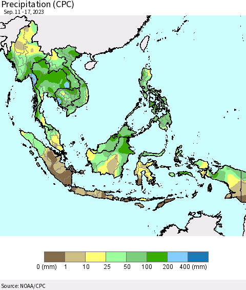 South East Asia Precipitation (CPC) Thematic Map For 9/11/2023 - 9/17/2023