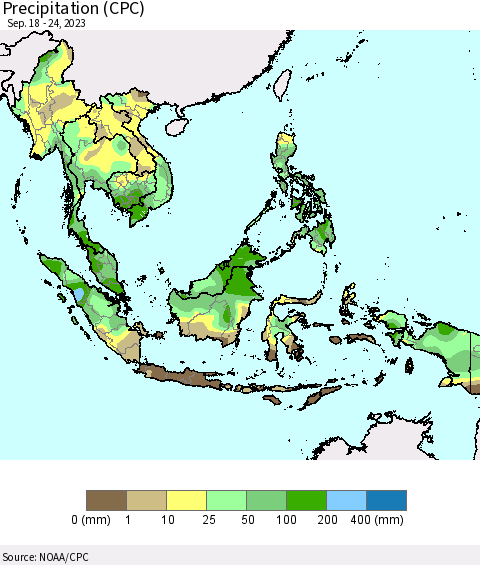 South East Asia Precipitation (CPC) Thematic Map For 9/18/2023 - 9/24/2023