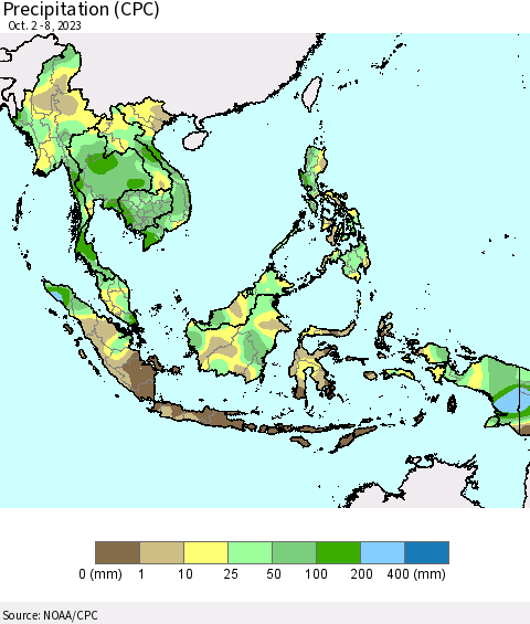 South East Asia Precipitation (CPC) Thematic Map For 10/2/2023 - 10/8/2023