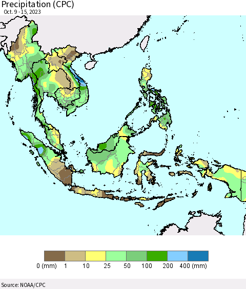 South East Asia Precipitation (CPC) Thematic Map For 10/9/2023 - 10/15/2023