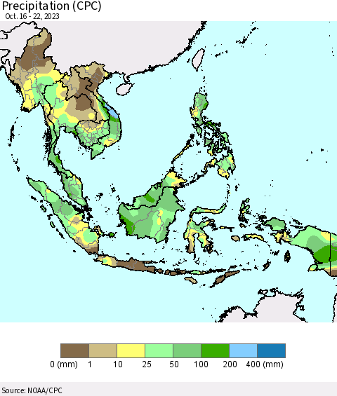 South East Asia Precipitation (CPC) Thematic Map For 10/16/2023 - 10/22/2023