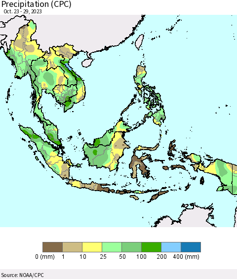 South East Asia Precipitation (CPC) Thematic Map For 10/23/2023 - 10/29/2023