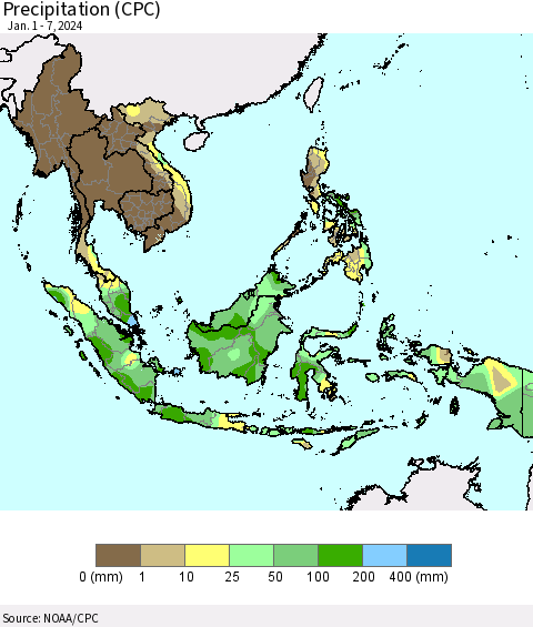 South East Asia Precipitation (CPC) Thematic Map For 1/1/2024 - 1/7/2024