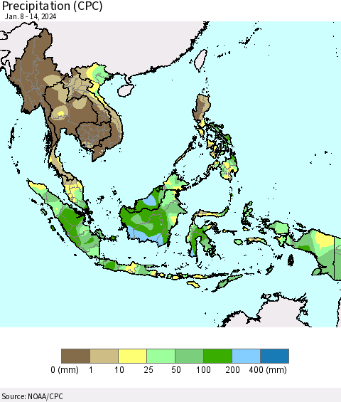 South East Asia Precipitation (CPC) Thematic Map For 1/8/2024 - 1/14/2024