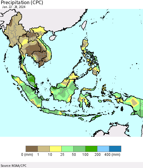 South East Asia Precipitation (CPC) Thematic Map For 1/22/2024 - 1/28/2024
