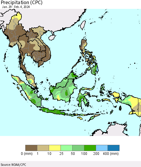 South East Asia Precipitation (CPC) Thematic Map For 1/29/2024 - 2/4/2024