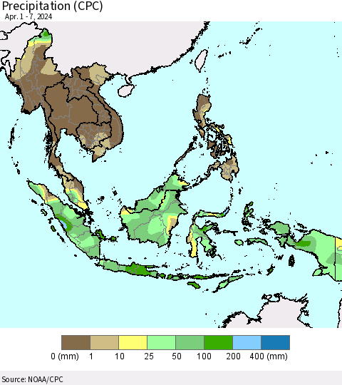South East Asia Precipitation (CPC) Thematic Map For 4/1/2024 - 4/7/2024