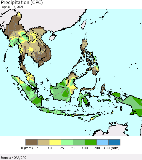 South East Asia Precipitation (CPC) Thematic Map For 4/8/2024 - 4/14/2024