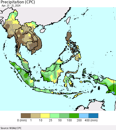 South East Asia Precipitation (CPC) Thematic Map For 4/15/2024 - 4/21/2024
