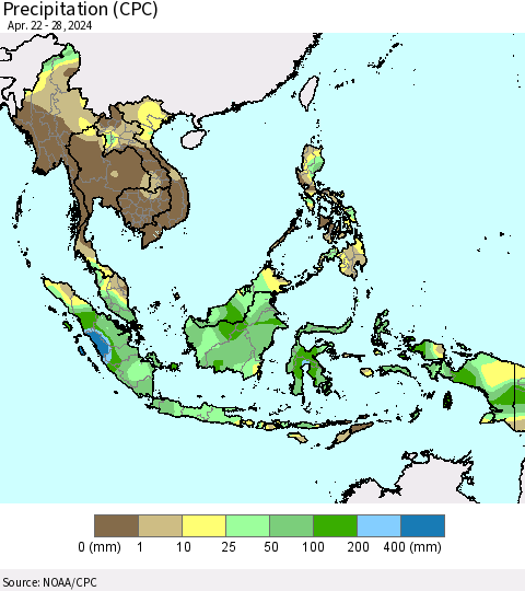 South East Asia Precipitation (CPC) Thematic Map For 4/22/2024 - 4/28/2024