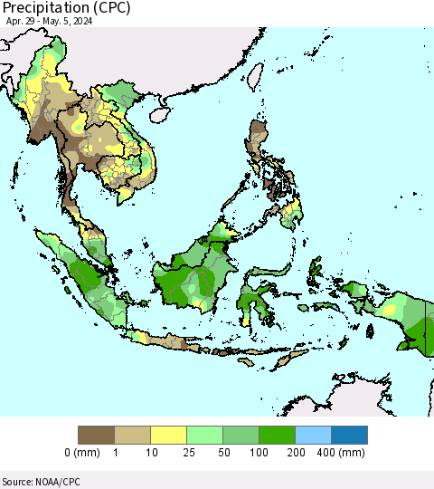 South East Asia Precipitation (CPC) Thematic Map For 4/29/2024 - 5/5/2024
