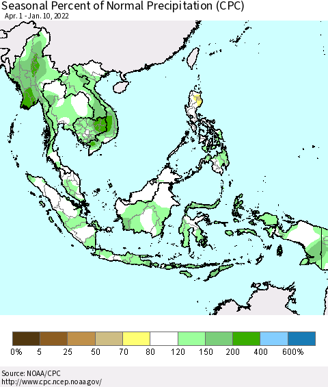 South East Asia Seasonal Percent of Normal Precipitation (CPC) Thematic Map For 4/1/2021 - 1/10/2022