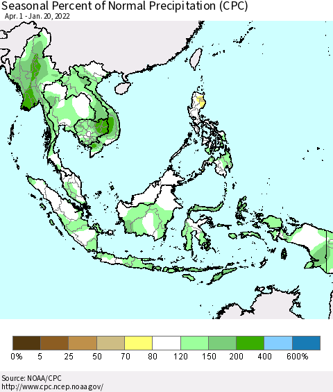 South East Asia Seasonal Percent of Normal Precipitation (CPC) Thematic Map For 4/1/2021 - 1/20/2022