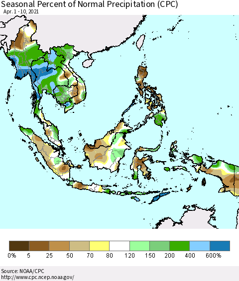South East Asia Seasonal Percent of Normal Precipitation (CPC) Thematic Map For 4/1/2021 - 4/10/2021