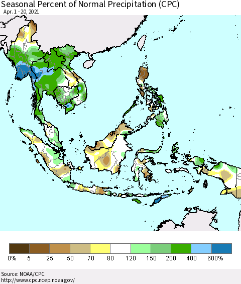 South East Asia Seasonal Percent of Normal Precipitation (CPC) Thematic Map For 4/1/2021 - 4/20/2021