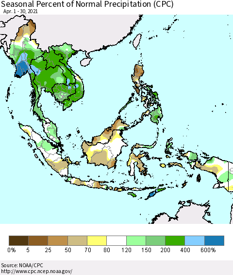 South East Asia Seasonal Percent of Normal Precipitation (CPC) Thematic Map For 4/1/2021 - 4/30/2021