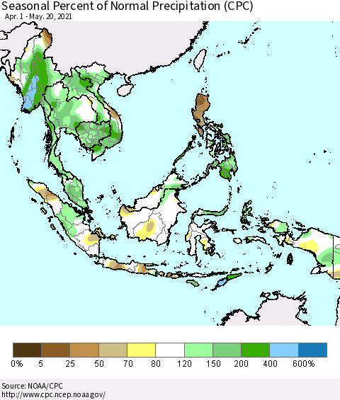 South East Asia Seasonal Percent of Normal Precipitation (CPC) Thematic Map For 4/1/2021 - 5/20/2021