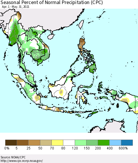 South East Asia Seasonal Percent of Normal Precipitation (CPC) Thematic Map For 4/1/2021 - 5/31/2021