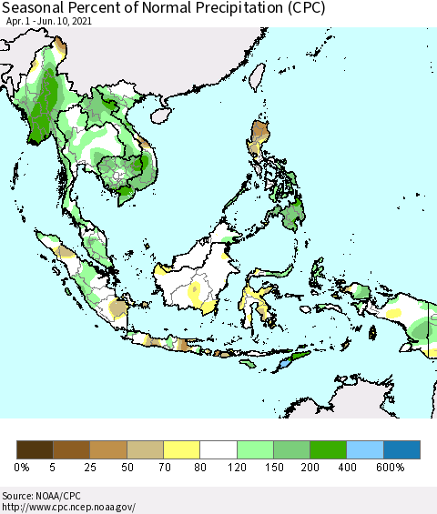 South East Asia Seasonal Percent of Normal Precipitation (CPC) Thematic Map For 4/1/2021 - 6/10/2021