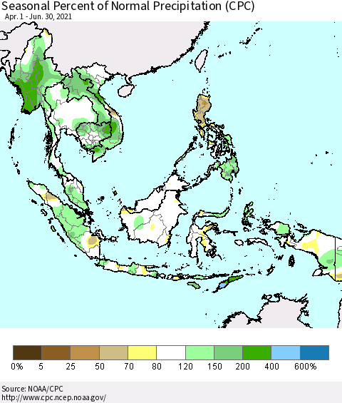 South East Asia Seasonal Percent of Normal Precipitation (CPC) Thematic Map For 4/1/2021 - 6/30/2021