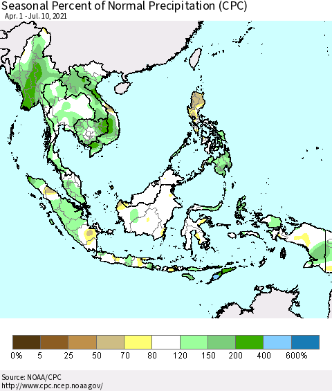 South East Asia Seasonal Percent of Normal Precipitation (CPC) Thematic Map For 4/1/2021 - 7/10/2021