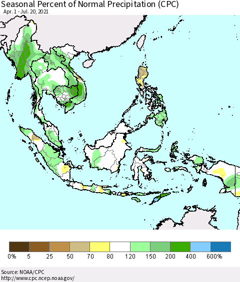 South East Asia Seasonal Percent of Normal Precipitation (CPC) Thematic Map For 4/1/2021 - 7/20/2021