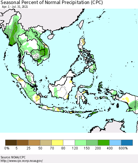 South East Asia Seasonal Percent of Normal Precipitation (CPC) Thematic Map For 4/1/2021 - 7/31/2021