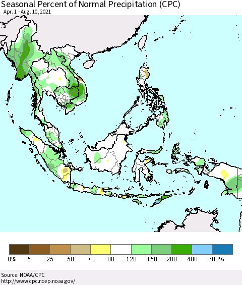 South East Asia Seasonal Percent of Normal Precipitation (CPC) Thematic Map For 4/1/2021 - 8/10/2021