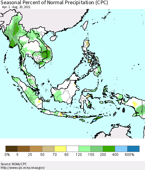 South East Asia Seasonal Percent of Normal Precipitation (CPC) Thematic Map For 4/1/2021 - 8/20/2021