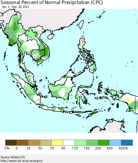 South East Asia Seasonal Percent of Normal Precipitation (CPC) Thematic Map For 4/1/2021 - 9/20/2021