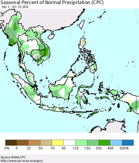 South East Asia Seasonal Percent of Normal Precipitation (CPC) Thematic Map For 4/1/2021 - 10/10/2021