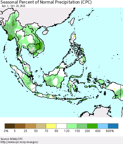 South East Asia Seasonal Percent of Normal Precipitation (CPC) Thematic Map For 4/1/2021 - 10/20/2021
