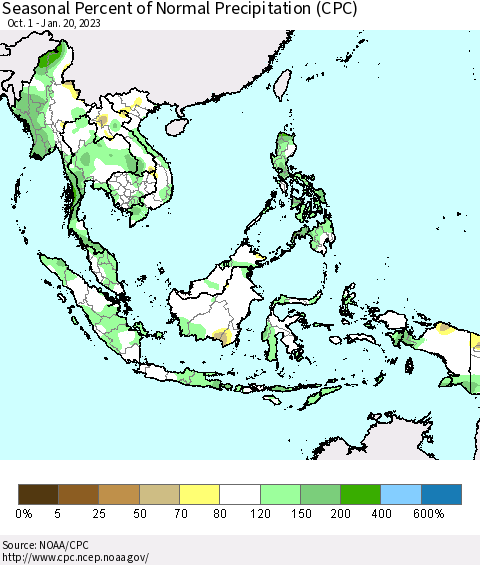 South East Asia Seasonal Percent of Normal Precipitation (CPC) Thematic Map For 10/1/2022 - 1/20/2023