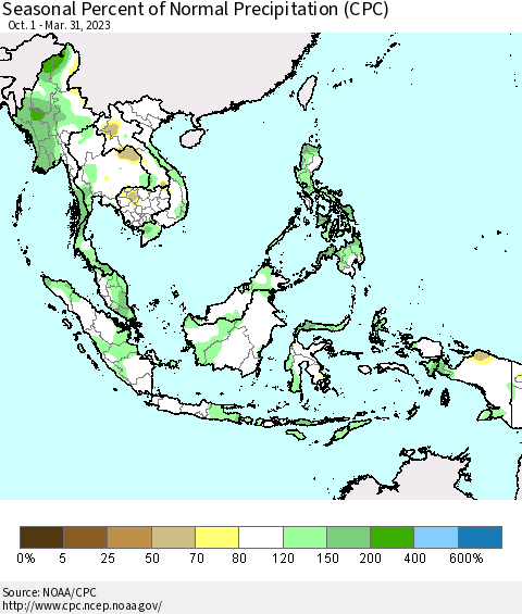 South East Asia Seasonal Percent of Normal Precipitation (CPC) Thematic Map For 10/1/2022 - 3/31/2023