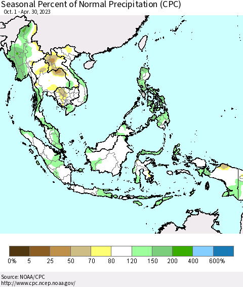 South East Asia Seasonal Percent of Normal Precipitation (CPC) Thematic Map For 10/1/2022 - 4/30/2023