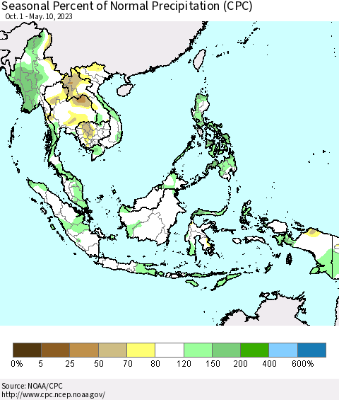 South East Asia Seasonal Percent of Normal Precipitation (CPC) Thematic Map For 10/1/2022 - 5/10/2023
