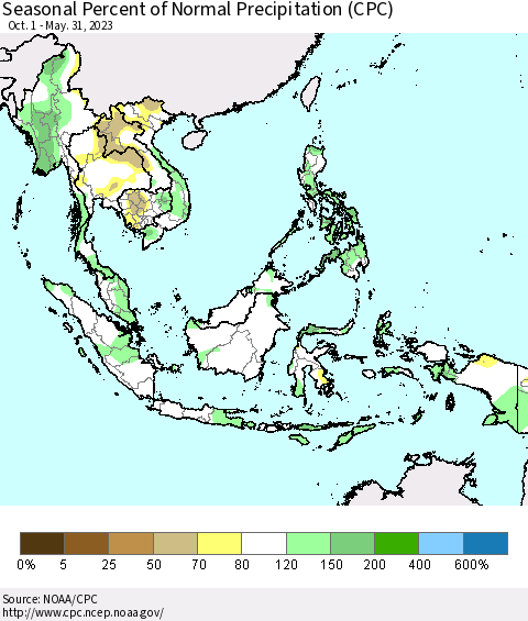 South East Asia Seasonal Percent of Normal Precipitation (CPC) Thematic Map For 10/1/2022 - 5/31/2023