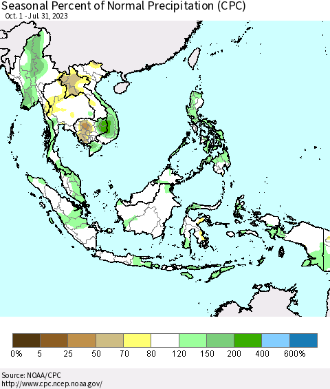 South East Asia Seasonal Percent of Normal Precipitation (CPC) Thematic Map For 10/1/2022 - 7/31/2023