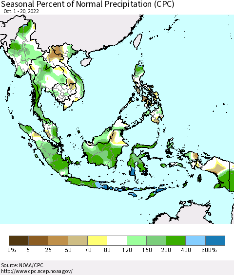 South East Asia Seasonal Percent of Normal Precipitation (CPC) Thematic Map For 10/1/2022 - 10/20/2022